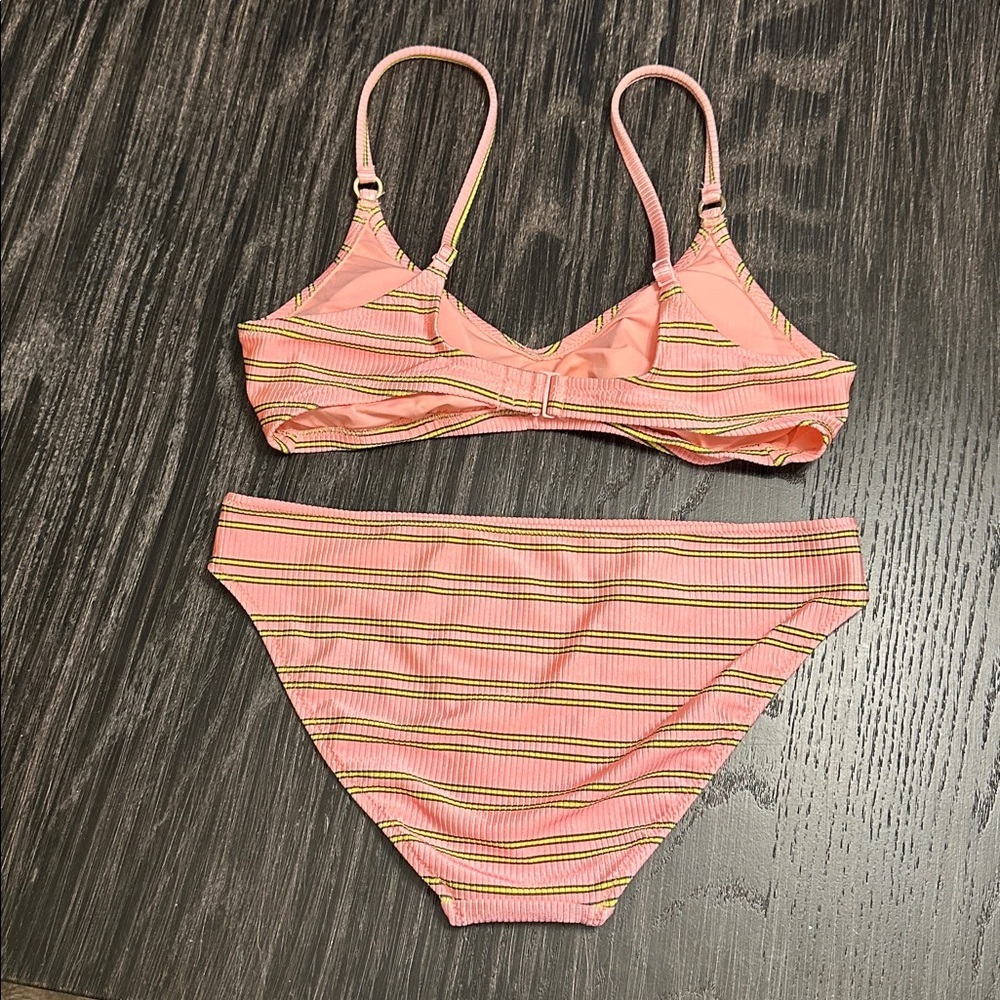 Aerie Beach Babe Shine Rib Voop Top and Bottom Bikini Set in Pink Yellow, M/L - Picture 9 of 13